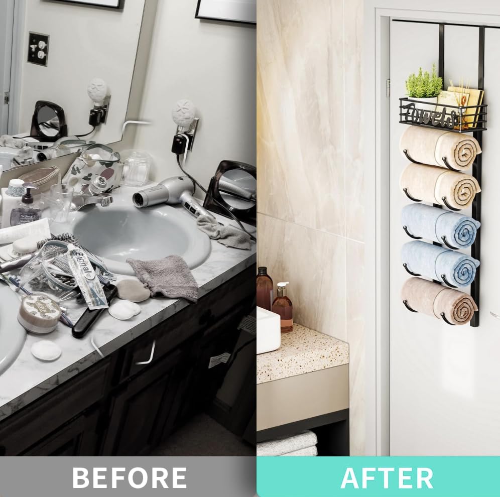 Over Door Towel Rack-Towel Storage Rack Wall Mounted with Metal Shelf, 6-Tier Over Door Towel Rail, Towel Holder, Black