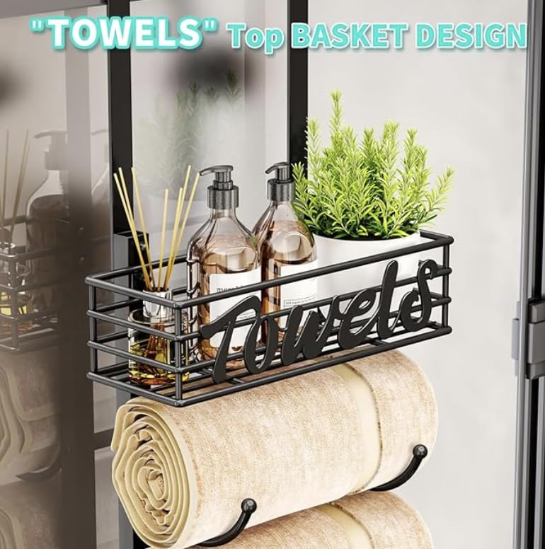 Over Door Towel Rack-Towel Storage Rack Wall Mounted with Metal Shelf, 6-Tier Over Door Towel Rail, Towel Holder, Black
