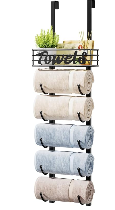 Over Door Towel Rack-Towel Storage Rack Wall Mounted with Metal Shelf, 6-Tier Over Door Towel Rail, Towel Holder, Black