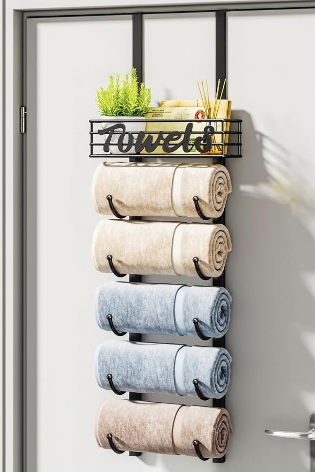 Over Door Towel Rack-Towel Storage Rack Wall Mounted with Metal Shelf, 6-Tier Over Door Towel Rail, Towel Holder, Black
