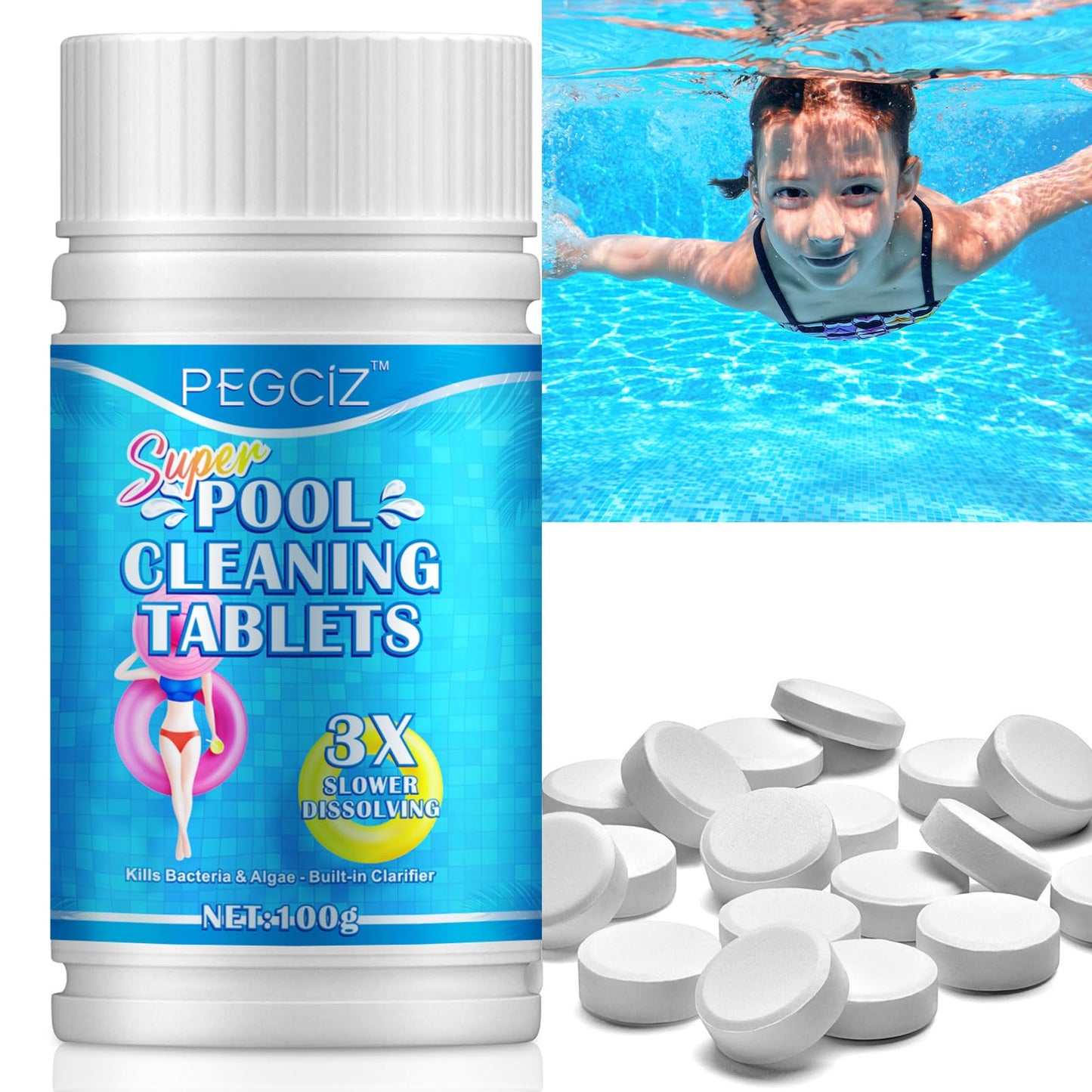 Chlorine Tablets for Swimming Pool,Hot Tub&Swimming Pool Chemicals,Chlorine Tablets for Hot Tub, Swimming Pool chlorine tablets,Spa Cleaning,100PCS