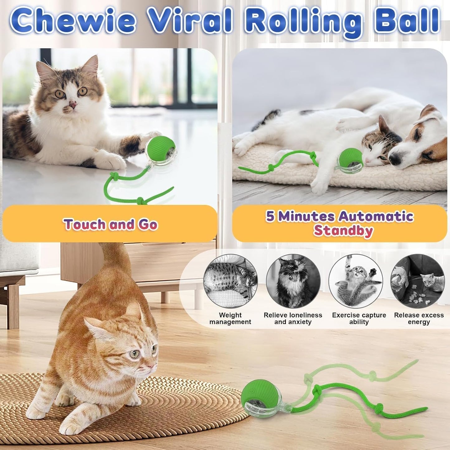 Active Rolling Ball with Tail for Cats/Dogs, Rechargeable Electric Interactive Ball Toy
