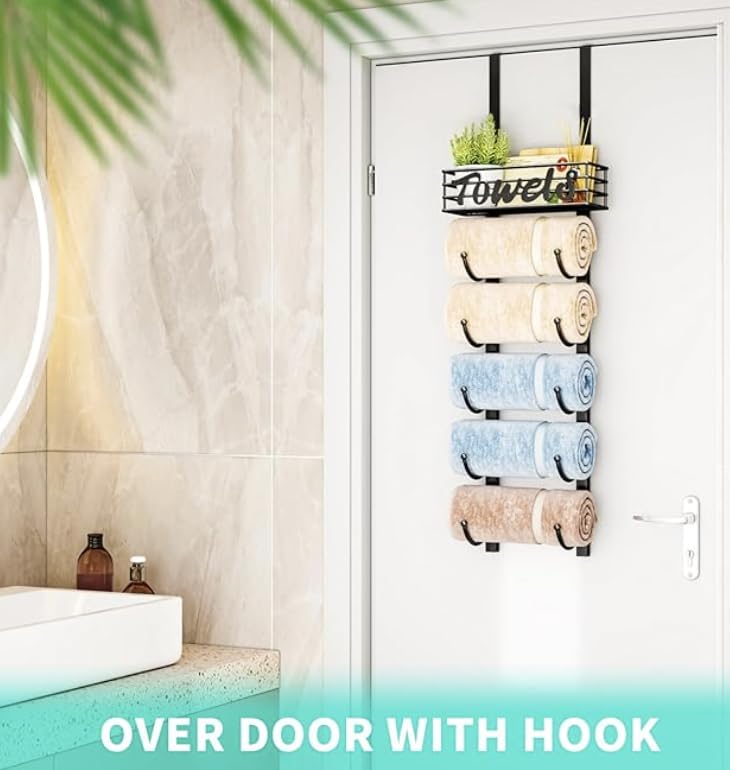 Over Door Towel Rack-Towel Storage Rack Wall Mounted with Metal Shelf, 6-Tier Over Door Towel Rail, Towel Holder, Black
