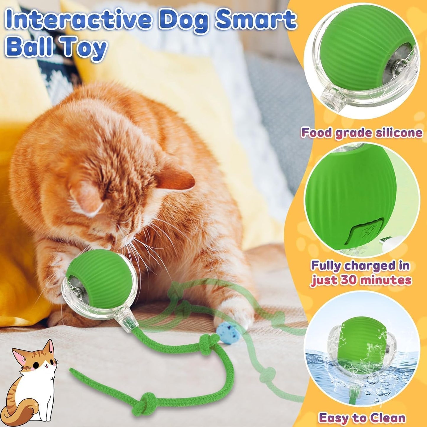 Active Rolling Ball with Tail for Cats/Dogs, Rechargeable Electric Interactive Ball Toy