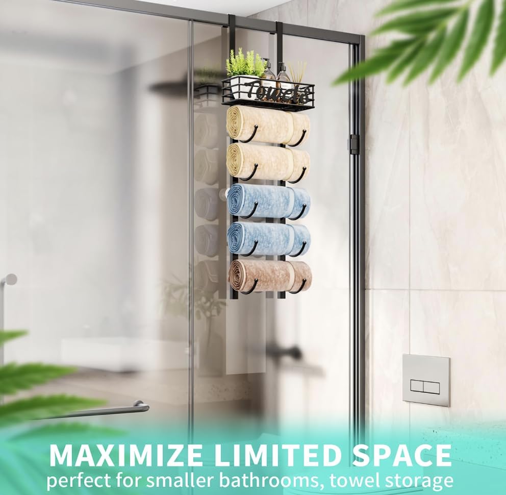 Over Door Towel Rack-Towel Storage Rack Wall Mounted with Metal Shelf, 6-Tier Over Door Towel Rail, Towel Holder, Black