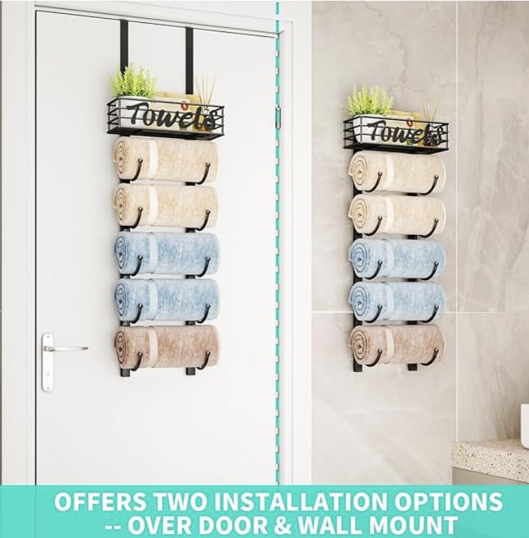 Over Door Towel Rack-Towel Storage Rack Wall Mounted with Metal Shelf, 6-Tier Over Door Towel Rail, Towel Holder, Black