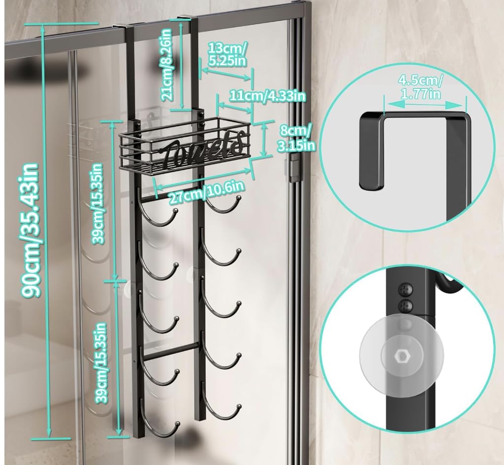 Over Door Towel Rack-Towel Storage Rack Wall Mounted with Metal Shelf, 6-Tier Over Door Towel Rail, Towel Holder, Black