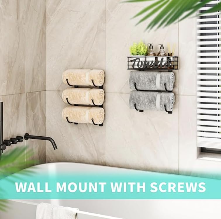 Over Door Towel Rack-Towel Storage Rack Wall Mounted with Metal Shelf, 6-Tier Over Door Towel Rail, Towel Holder, Black